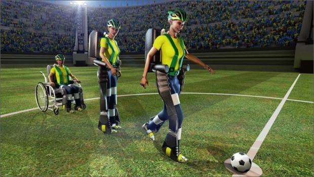 Mladý kyborg se chystá vykopnout míč na fotbalovém šampionátu v Brazílii. Stále jen v představách malíře.
