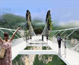 Vizualizace 370 m dlouhého zavěšeného skleněného mostu v Národním parku Zhangjiajie, na snímku bez 8 cm tlustých skleněných desek