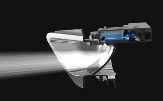 Modrý paprsek laserového světla je přeměňován na použitelné bílé světlo
