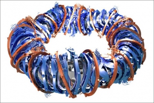 Model rozmístění magnetů kolem prstencové plazmové komory stelarátoru Wendelstein 7-X