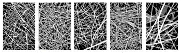 Snímek vláken polyimidového předpolymeru připravených elektrostatickým zvlákněním (pořízený snímací elektronovou mikroskopií [tloušťka vláken se pohybuje v rozmezí 200–300 nm])