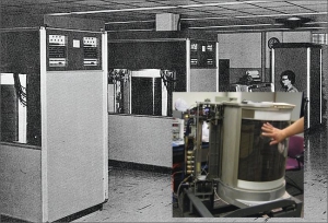 Počítač IBM 305 se dvěma disky IBM 350. A jejich detailní část