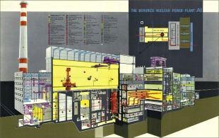 Řez reaktorem A1. Reaktor je ve středu obrázku (oranžová „nádoba“ ve spodním patře), vpravo od něj je parogenerátor. Ve „žluté“ hale vlevo je vidět zavážecí stroj (červený)