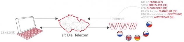 Dial Telecom je v rámci své páteřní sítě připojen několika vysokokapacitními zálohovanými spoji k peeringovým uzlům českého i mezinárodního internetu