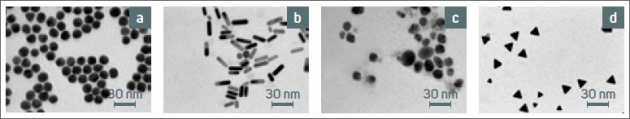 Různé tvary připravených Au (a, b) a Ag (c, d) nanočástic