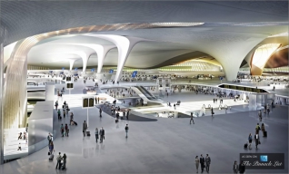 Vstupní hala prvního terminálu pekingského letiště Daxing podle návrhu Zahy Hadid