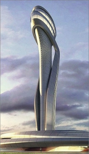 Aerodynamicky tvarovaná 95 m vysoká věž pro řízení provozu na letišti Istanbul podle návrhu studia Pininfarina