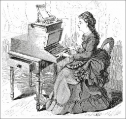 Písařka s psacím strojem Sholes and Glidden na ilustraci článku časopisu Scientific American v roce 1872
