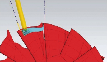 Obr. 4: Dráha nástroje při obrábění tělesa turbíny