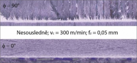 Obr. 1: Obrobený povrch při frézování kolmo na vlákna a podél nich