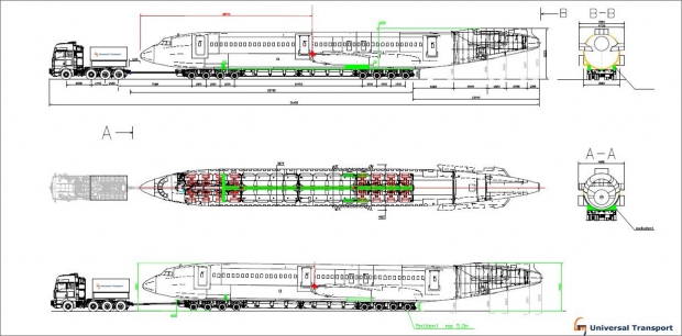 Takhle bude letadlo uloženo na přepravní soupravě. Celková délka návěsu bude 51,5 metru. (Zdroj: společnost Universal Transport)