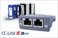 Nová komunikační brána Anybus CompactCom pro CC-Link IE Field. V pozadí jsou jiné komunikační brány HMS pro CC-Link a CC-Link IE Field.