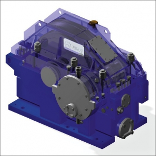 3D model prototypu převodovky. V popředí je patrný mechanismus pro simulaci zatížení ložiska