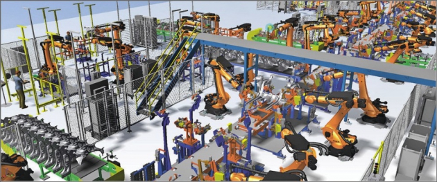 Obr. 3: Virtuální továrna Zdroj: Siemens Tecnomatix Plant Simulation