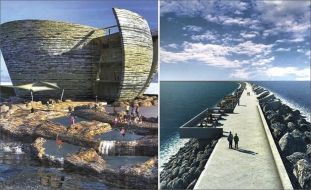 Kamenná hráz lagunové přílivové elektrárny Swansea Bay přiláká turisty do britského Welsu