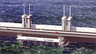 Hydraulicky sklopná konstrukce Huisman na protipovodňové nizozemské hrázi Oosterschelde nese 5 Kaplanových turbín T2S s výkony po 250 kW