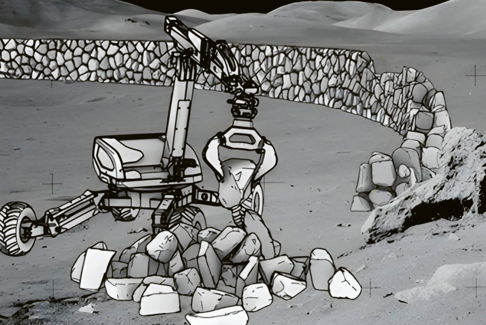 Vykreslení robota, který na Měsíci staví zeď ve formě ochranného prstence © Kipp Teague / NASA