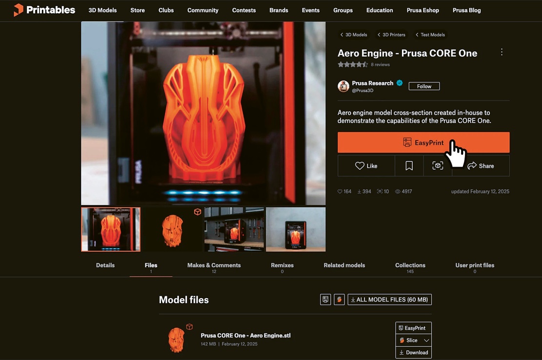 Prusa EasyPrint — jednoduchý webový nástroj pro online slicování 3D modelů. Modely zpracovává v cloudu pomocí PrusaSliceru. Díky tomu je 3D tisk snadno dostupný z jakéhokoliv zařízení. Nabízí základní manipulaci s modely a nastavení tisku, speciálně navržené pro snadné použití (nejen) začátečníky © Prusa Research