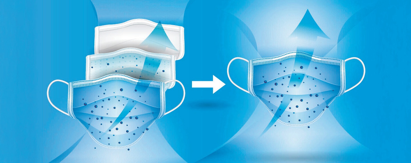 Ilustrace porovnávající funkci vícevrstvé roušky a roušky vytvořené z nového nanomateriálu © Institute of Industrial Science, The University of Tokyo