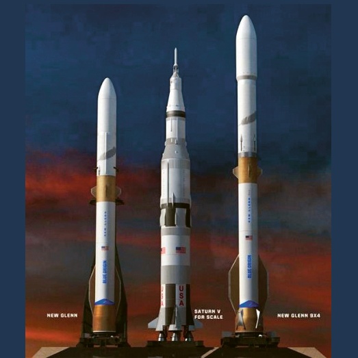 Perspektiva pro Blue Origin: New Glenn 9×4 (vpravo), která šlape na paty SLC a blíží se legendárnímu Saturnu 5 © Blue Origin