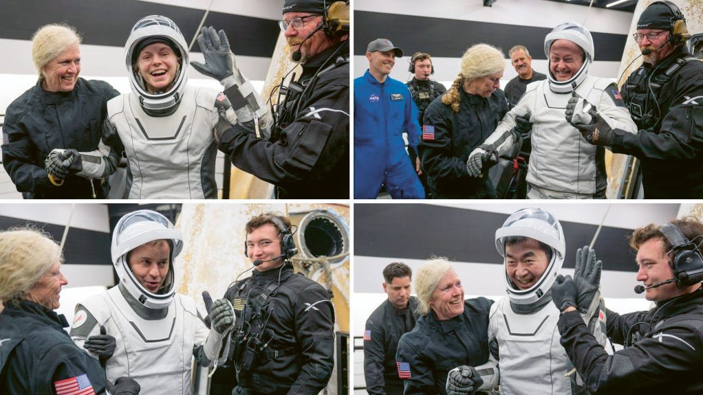 Astronauti z Crew-11 v náručí záchranářů. Nahoře Zena Cardmannová, Mike Fincke, dole Oleg Platonov a Kimiya Yui © NASA / Bill Ingalls