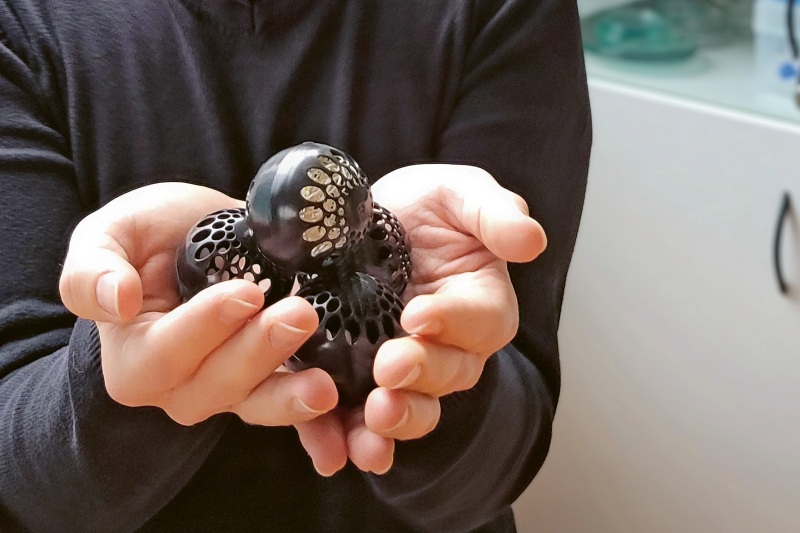 Karel vyzkoušel různé metody, jak ochránit nanovlákna, která nejsou moc odolná vůči deformaci, až navrhl obal s otvory, do kterého se nanovlákna umístí. Zjednodušeně vypadá jako zmenšený florbalový míček chránící nanovlákna s mikroorganismy uvnitř