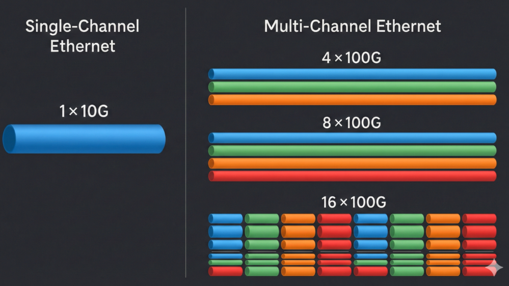 Současný vysokorychlostní ethernet využívá vícekanálový přenos – 400G používá 4 kanály, 800G využívá 8 kanálů po 100 Gb/s