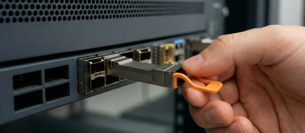 Moderní optický transceiver QSFP-DD. Miniaturní modul obsahuje lasery, detektory, elektroniku i optický multiplexer