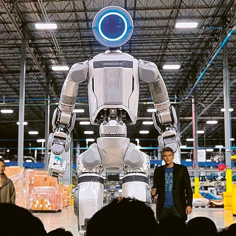 Robot Altas má tělo podobné lidskému a jeho obličej tvoří kruh s kruhovým světlem. Může však otáčet klouby o 360 stupňů, takže se výtečně hodí pro použití v továrně © Boston Dynamics