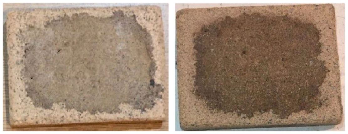 Vzorky botanického pískovcového betonu tvarované za tlaku 30 MPa (vlevo) a 50 MPa (vpravo) © NTNU