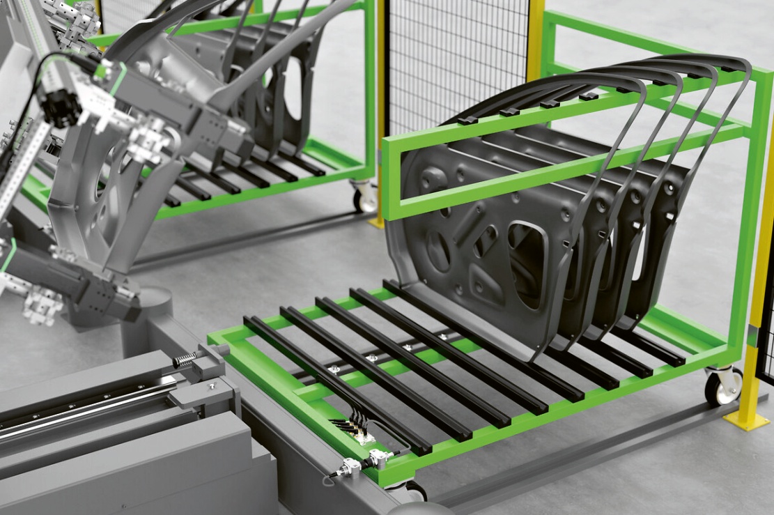 Průmyslový automatizovaný systém pro manipulaci s materiálem, v tomto případě konkrétně s automobilovými díly