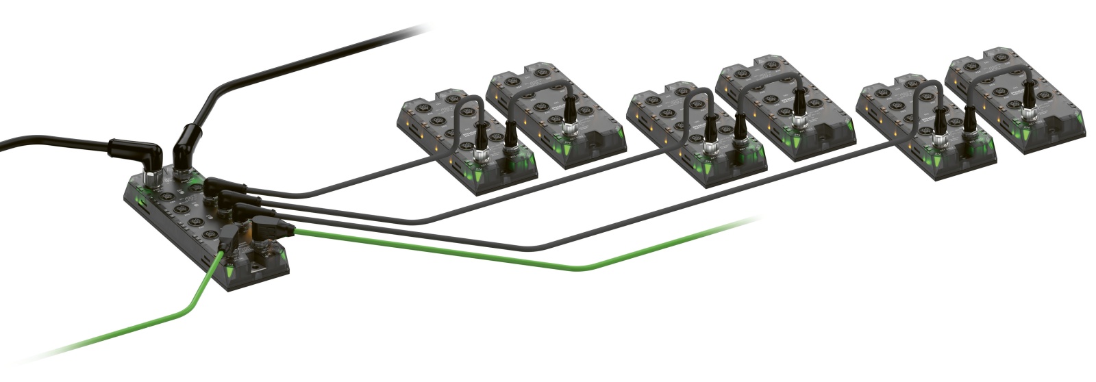 Řetězové propojení kompaktního IO-Link masteru a IO-Link IO modulů zajišťuje maximální flexibilitu při návrhu stroje společně s nízkými náklady