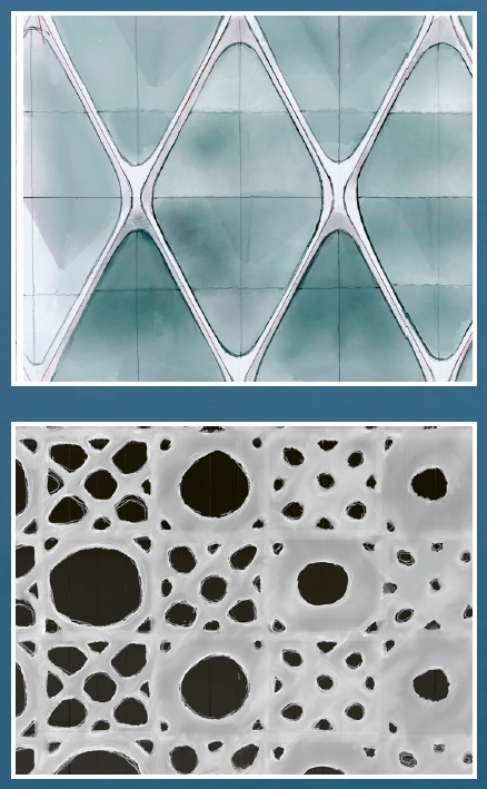 Koncepční náčrt struktury skleněné mořské houby (dole) a strukturální diagonální exoskelet (vpravo) pláště věže Koncepční náčrt struktury skleněné mořské houby (dole) a strukturální diagonální exoskelet (vpravo) pláště věže