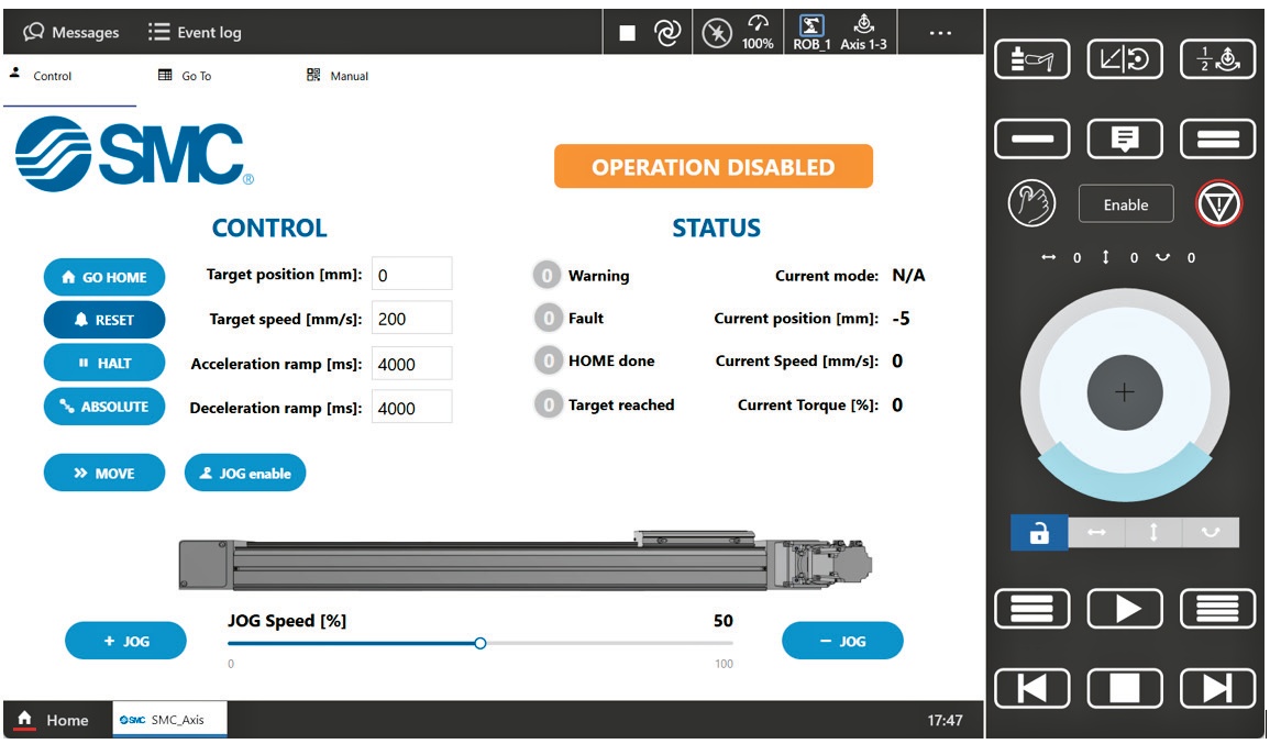 Náhled ovládání elektrického pohonu SMC jako 7. osy robota GoFa