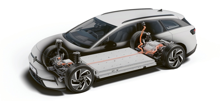 Klasické uspořádání elektřinou poháněného vozu s akumulátorem v podlaze.