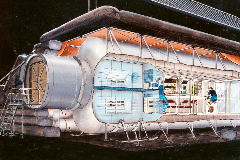 Nafukovací modul pro lunární základnu. Koncept: NASA-JSC (1990) © Kitmacher, Cicorra artist / NASA