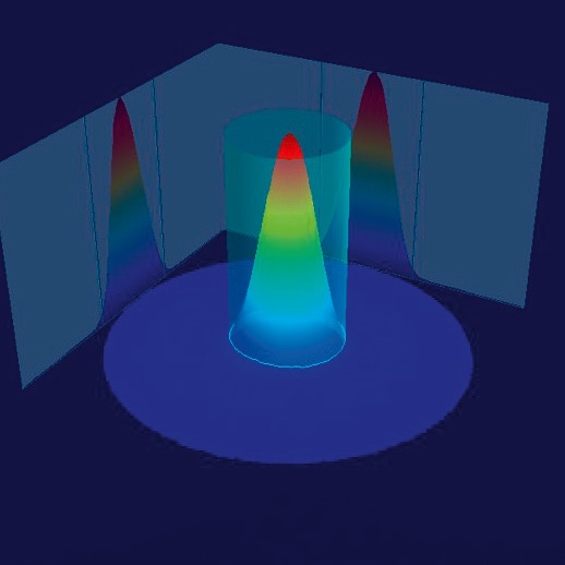 3D vizualizace profilu paprsku ve tvaru Gaussovy křivky s poloměrem zaostření 85 μm (Mode 0 — Gaussian Beam 85 μm) — představuje základní mód laserového záření, kde nejvyšší intenzita paprsku je v centru a směrem od osy klesá 3D vizualizace profilu paprsku ve tvaru Gaussovy křivky s poloměrem zaostření 85 μm (Mode 0 — Gaussian Beam 85 μm) — představuje základní mód laserového záření, kde nejvyšší intenzita paprsku je v centru a směrem od osy klesá