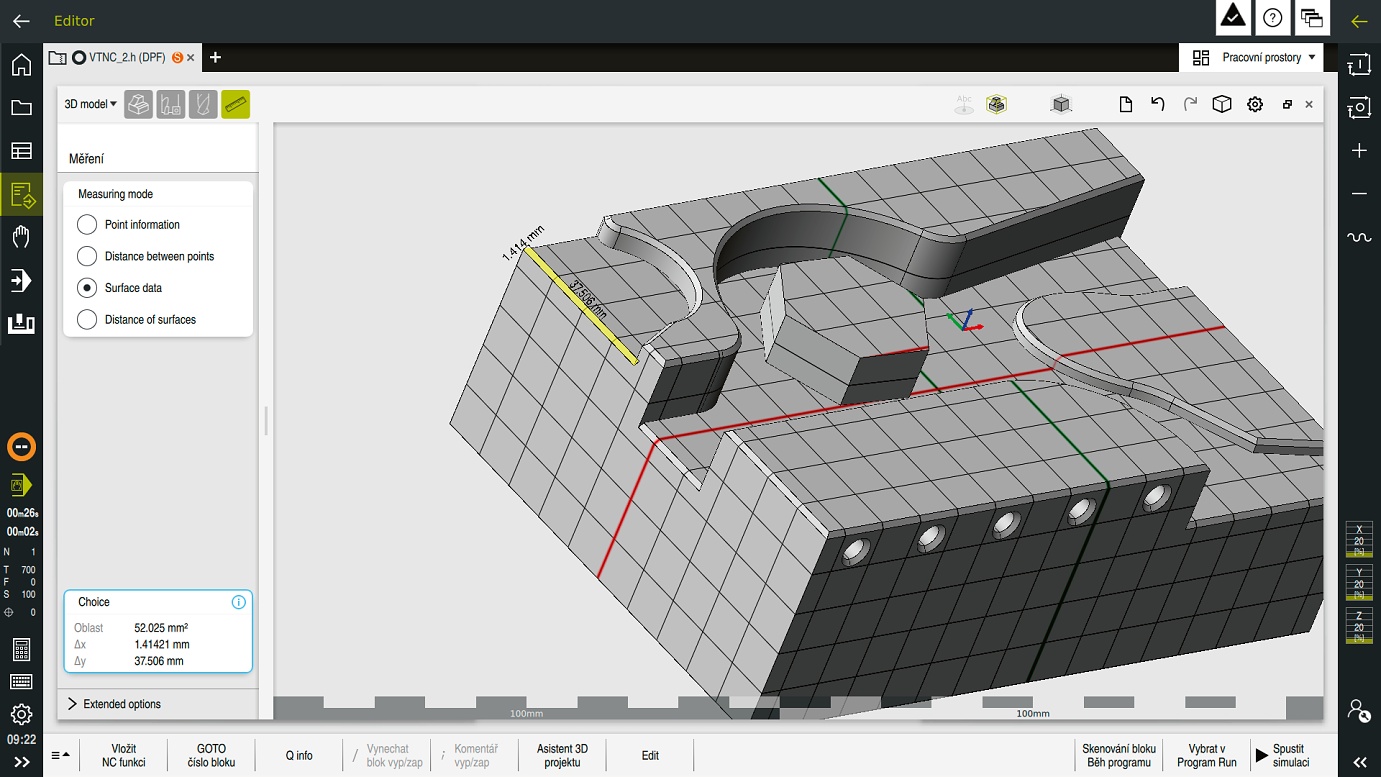Uživatel může přímo na 3D modelu provádět kontrolní měření, například ověřit vzdálenosti, plochy nebo rozměry jednotlivých prvků před dokončením NC programu Uživatel může přímo na 3D modelu provádět kontrolní měření, například ověřit vzdálenosti, plochy nebo rozměry jednotlivých prvků před dokončením NC programu
