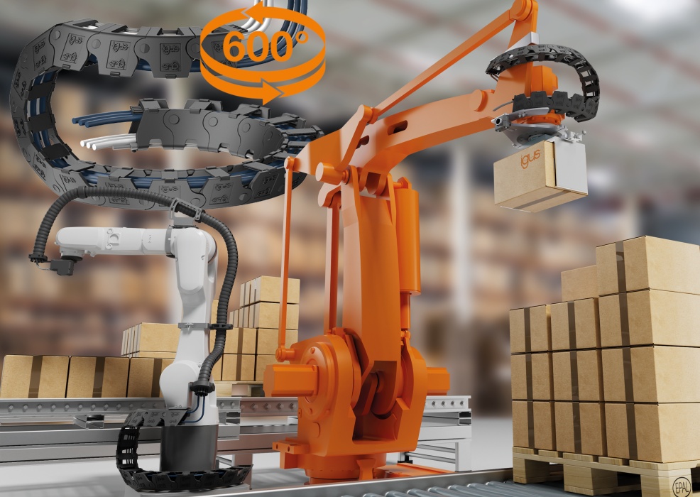 Jeden produkt, dvě řešení: Samonosný řetěz twisterchain nabízí vedení energie s úhlem otáčení přes 600°, rychlou montáž, maximální flexibilitu a dlouhou životnost pro robotické aplikace.