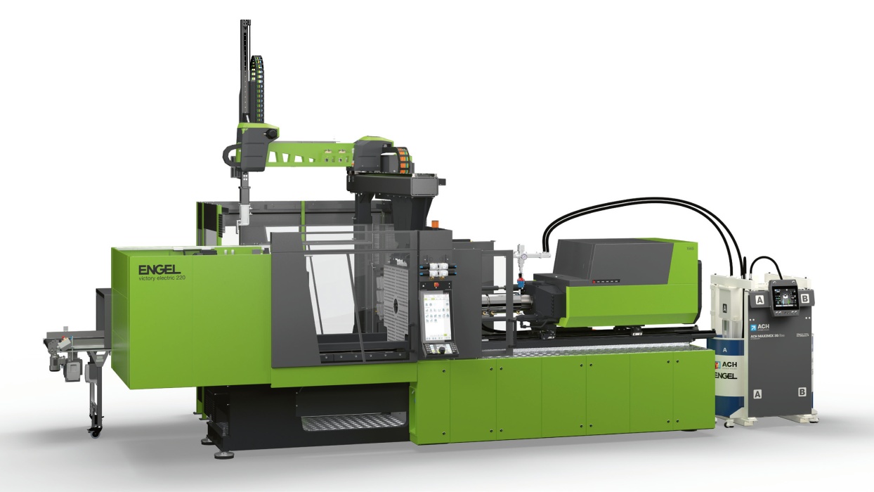 Skvělé vybavení pro zpracování silikonu: stroj Victory Electric 1565/220 s nástrojem s technologií ServoShot od společnosti ACH; o vyjímání komponent se stará stroj Viper 40 od společnosti ENGEL a nástroj Endof- Arm-Tooling od společnosti ACH v dokonalé souhře © ENGEL