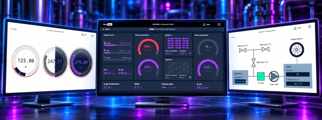 Ukázka dashboardu s ukazateli, P&ID symboly a grafy